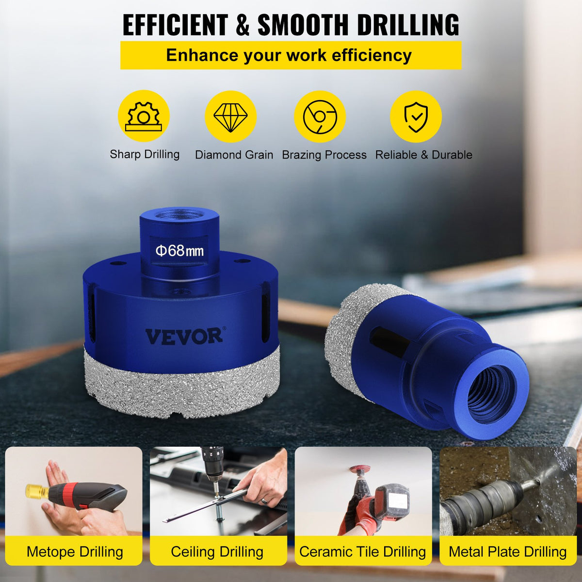 Diamond Drill Bit Set 4 Piece | 35/40/50/68mm Vacuum Brazed Tile Hole Saws with Case