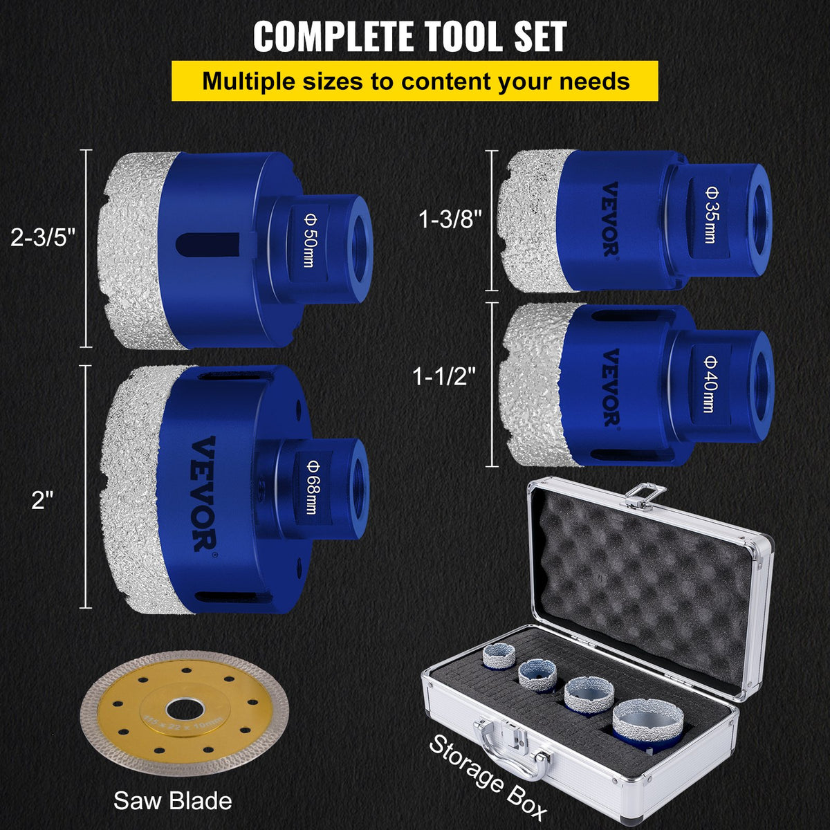 Diamond Drill Bit Set 4 Piece | 35/40/50/68mm Vacuum Brazed Tile Hole Saws with Case