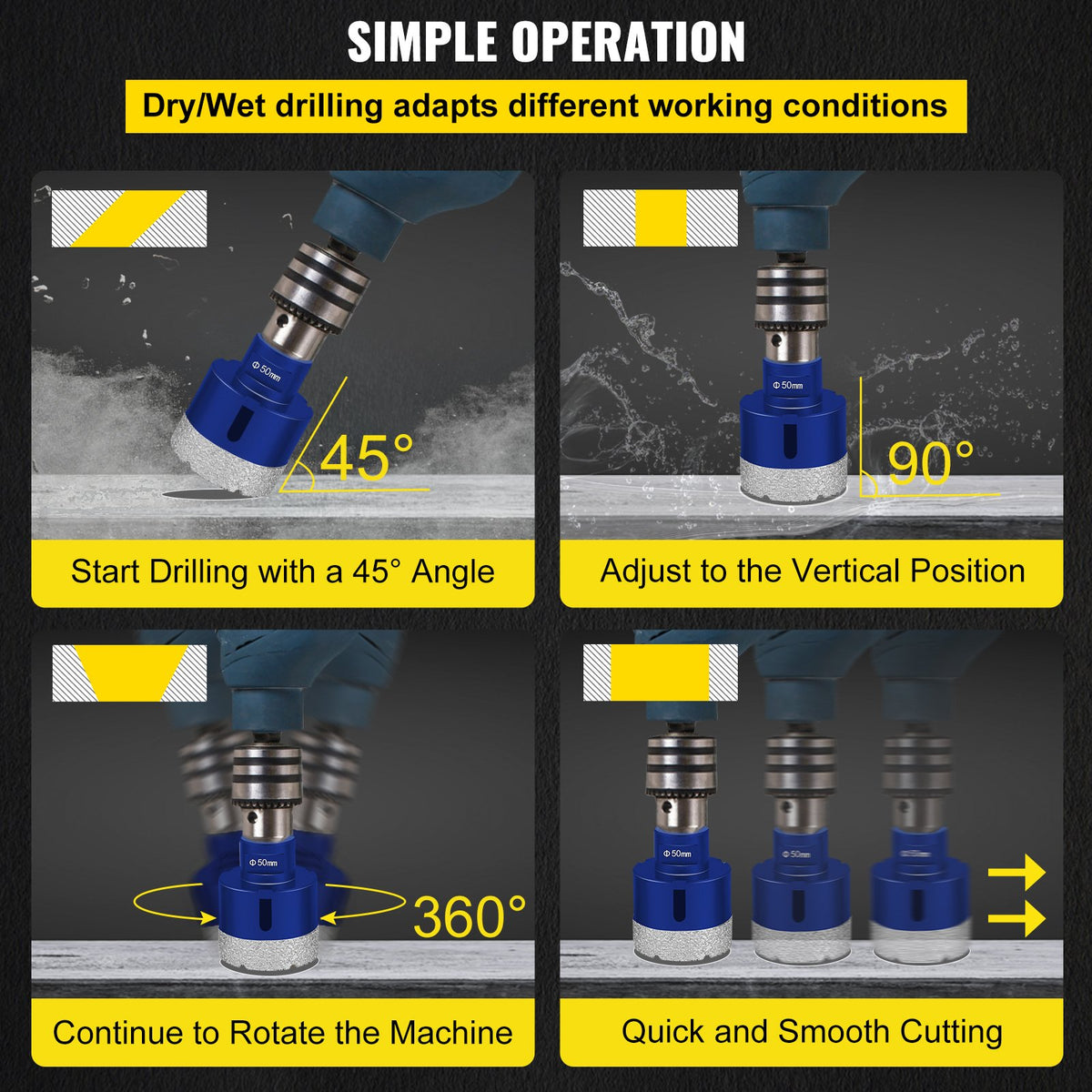Diamond Drill Bit Set 4 Piece | 35/40/50/68mm Vacuum Brazed Tile Hole Saws with Case