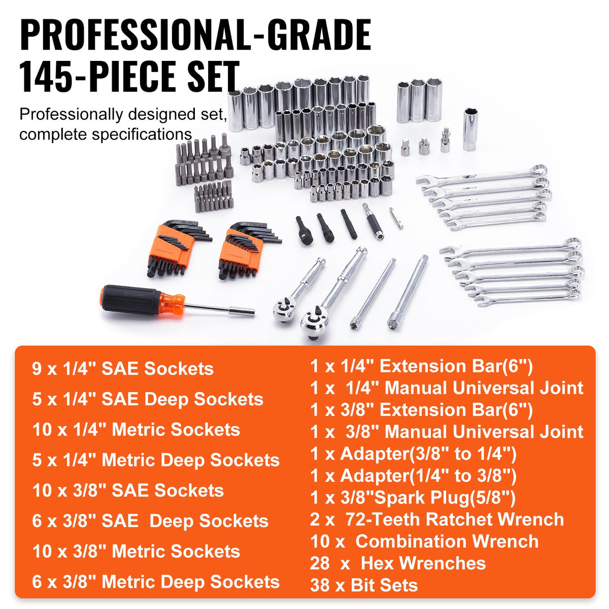 Mechanics Tool & Socket Set | 145-Piece SAE & Metric | 1/4" & 3/8" Drive with Organizer