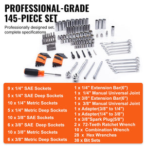 Mechanics Tool & Socket Set | 145-Piece SAE & Metric | 1/4" & 3/8" Drive with Organizer