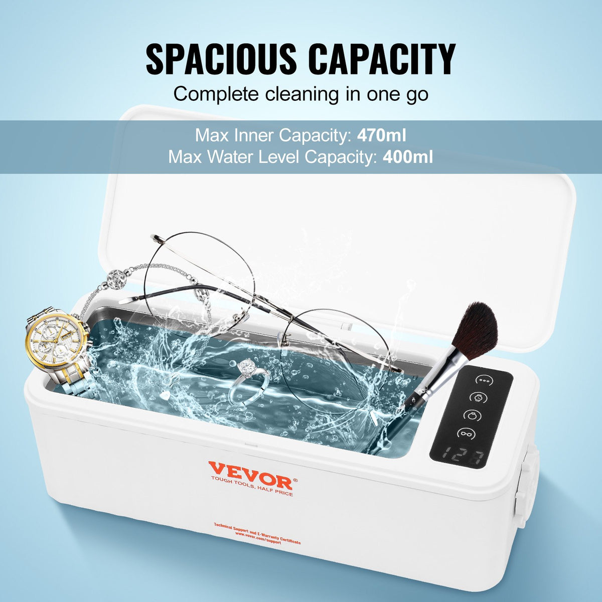 Ultrasonic Jewelry Cleaner | 470ml Portable Cleaner with 4 Timer Modes | For Glasses, Watches & Rings