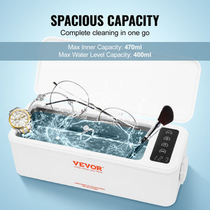 Ultrasonic Jewelry Cleaner | 470ml Portable Cleaner with 4 Timer Modes | For Glasses, Watches & Rings