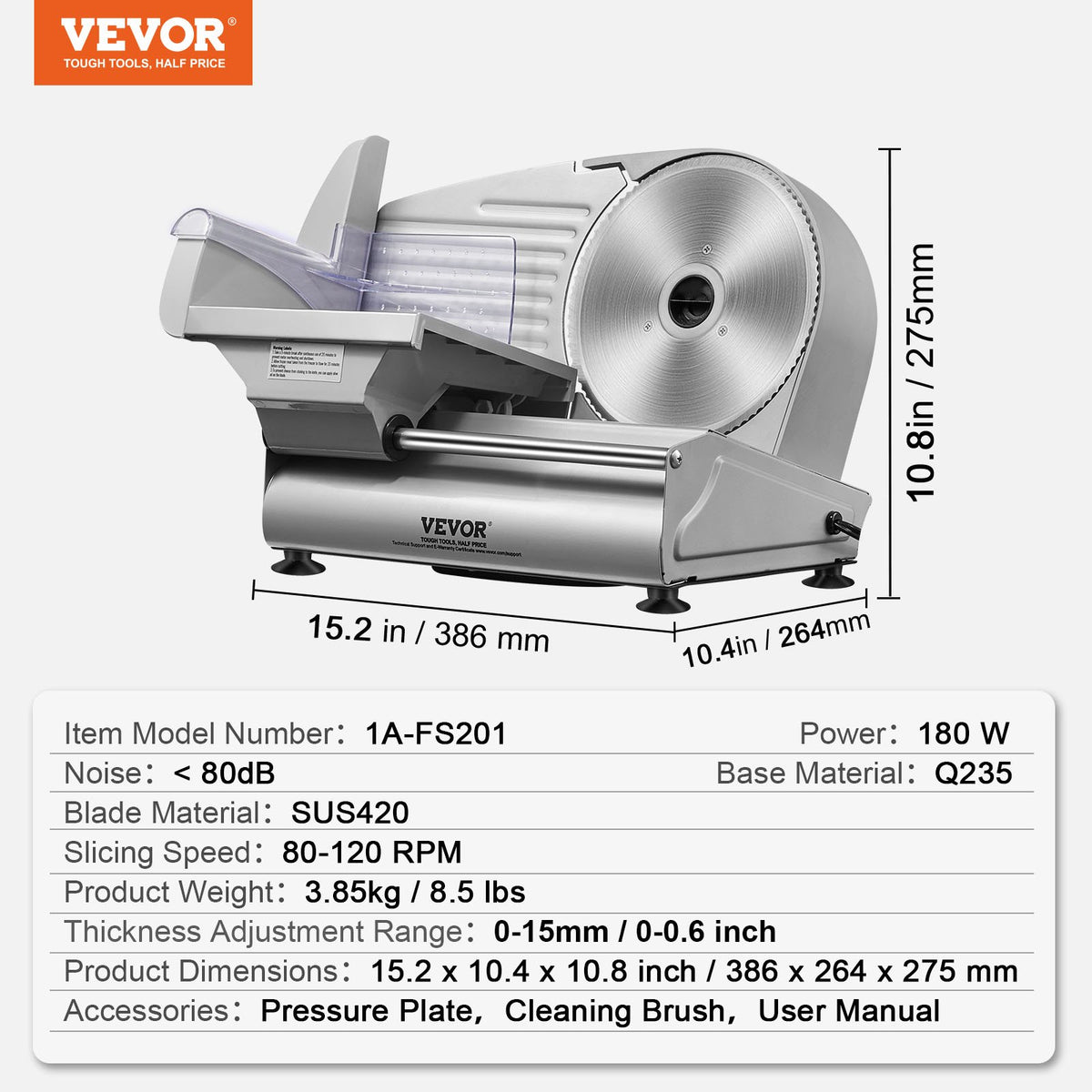Meat Slicer 180W | 7.5" SUS420 Blade | Adjustable 0-15mm Thickness | For Meat, Bread & Cheese