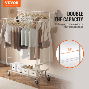 Heavy Duty Clothes Rack | Double Hanging Rod Garment Rack | Adjustable Height with Bottom Storage Shelf