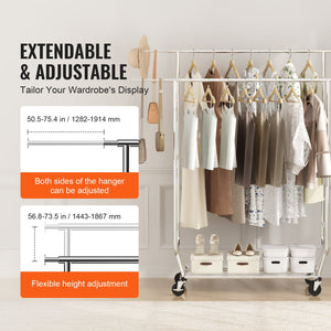 Heavy Duty Clothes Rack | Double Hanging Rod Garment Rack | Adjustable Height with Bottom Storage Shelf