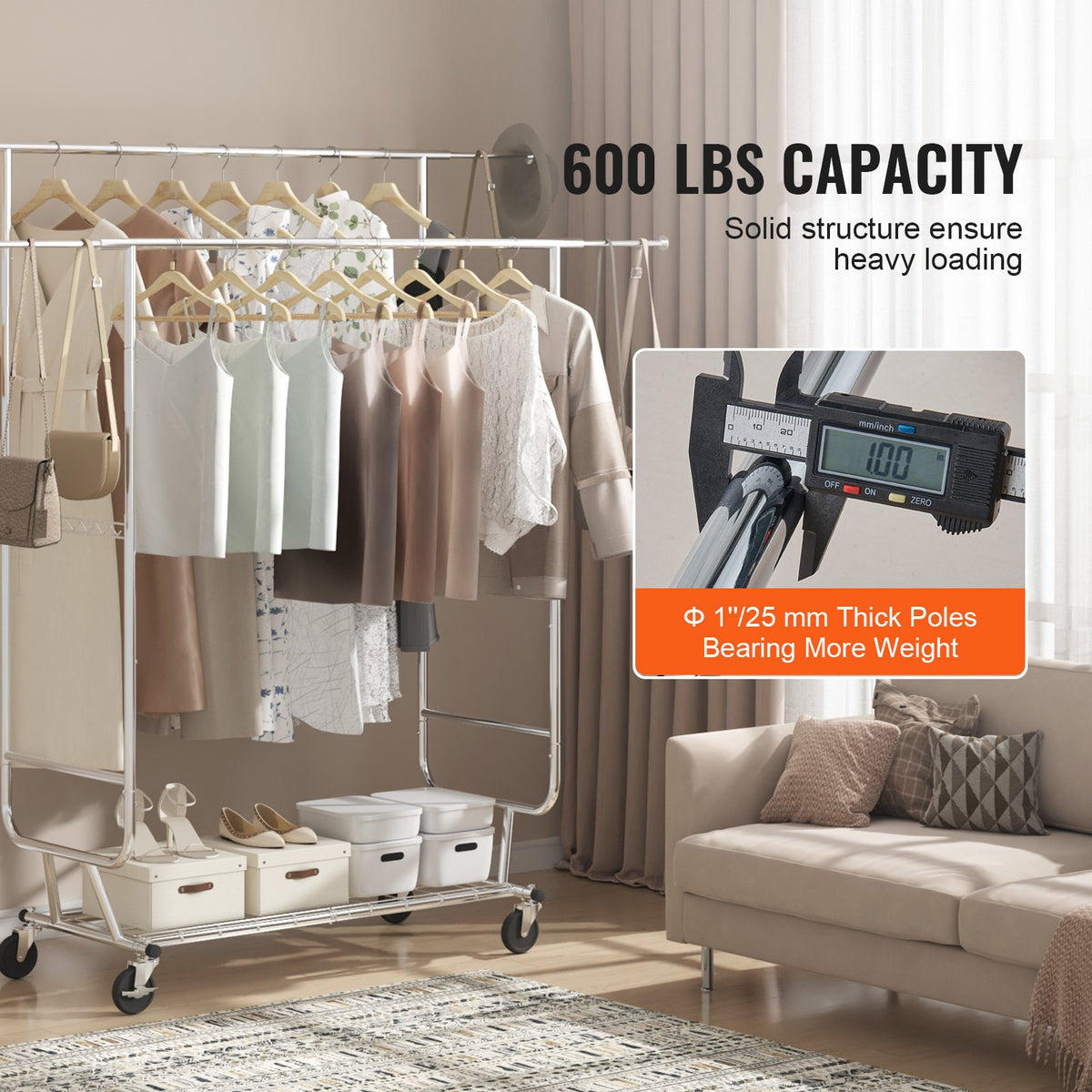 Heavy Duty Clothes Rack | Double Hanging Rod Garment Rack | Adjustable Height with Bottom Storage Shelf