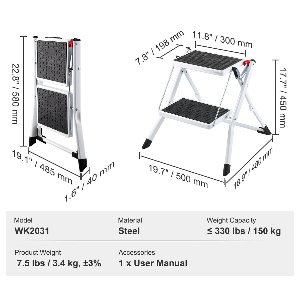 Step Ladder 2-Step | 150kg Capacity | Folding Steel Anti-Slip Step Stool