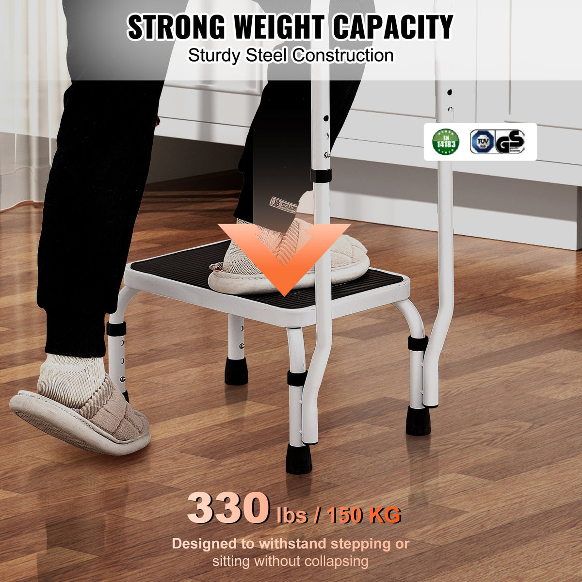 Step Stool 1-Step 150kg Capacity | 3 Adjustable Heights with Handle | Steel Non-Slip Step Ladder for Adults, Toddlers, Office, RVs & Pets | Portable Design