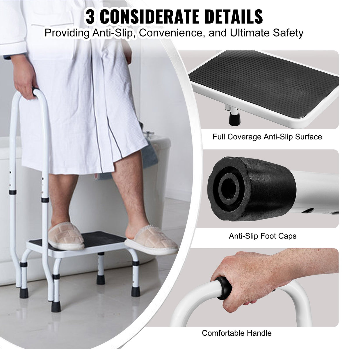 Step Stool 1-Step 150kg Capacity | 3 Adjustable Heights with Handle | Steel Non-Slip Step Ladder for Adults, Toddlers, Office, RVs & Pets | Portable Design