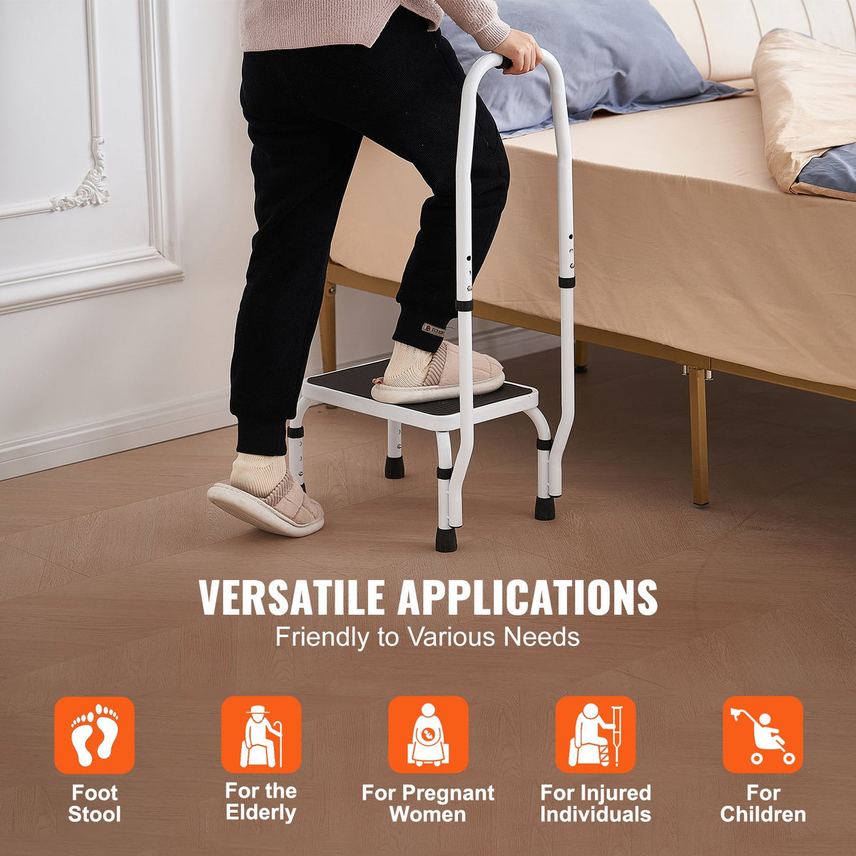 Step Stool 1-Step 150kg Capacity | 3 Adjustable Heights with Handle | Steel Non-Slip Step Ladder for Adults, Toddlers, Office, RVs & Pets | Portable Design