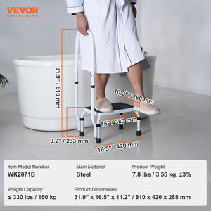 Step Stool 1-Step 150kg Capacity | 3 Adjustable Heights with Handle | Steel Non-Slip Step Ladder for Adults, Toddlers, Office, RVs & Pets | Portable Design