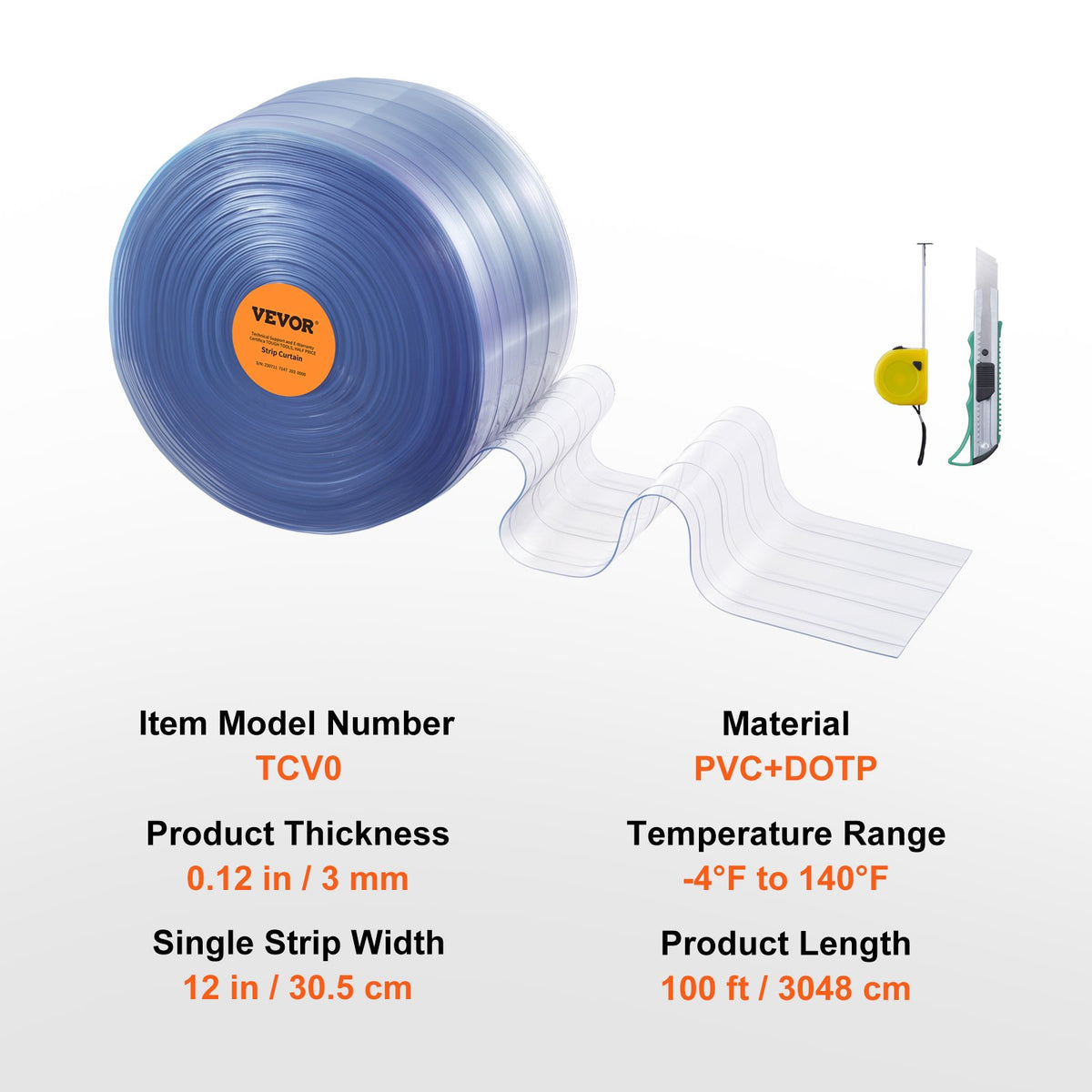 PVC Strip Curtain Roll | 3048cm x 30.5cm x 3mm | Clear Ribbed Bulk Doorway Curtain