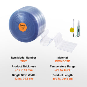 PVC Strip Curtain Roll | 3048cm x 30.5cm x 3mm | Clear Ribbed Bulk Doorway Curtain