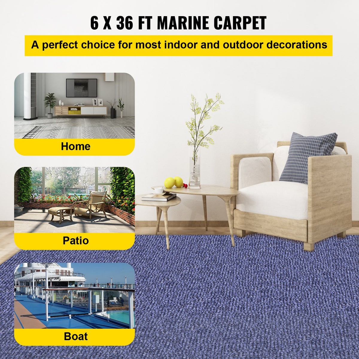 Marine Carpet 6'x36' | Deep Blue Boat Carpet with Waterproof Backing | Non-Slip Outdoor Rug