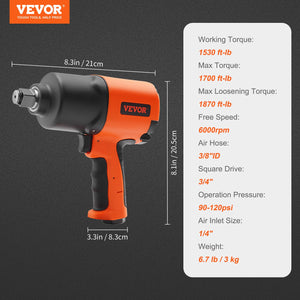 Air Impact Wrench 3/4" Drive | 1870 ft-lbs Torque | Heavy Duty Composite Pneumatic Gun for Auto Repairs