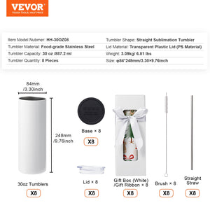 Sublimation Tumblers 8 Pack | 30oz Stainless Steel Double Wall Cups | With Straw, Lid, Brush, Shrink Wrap & Gift Box