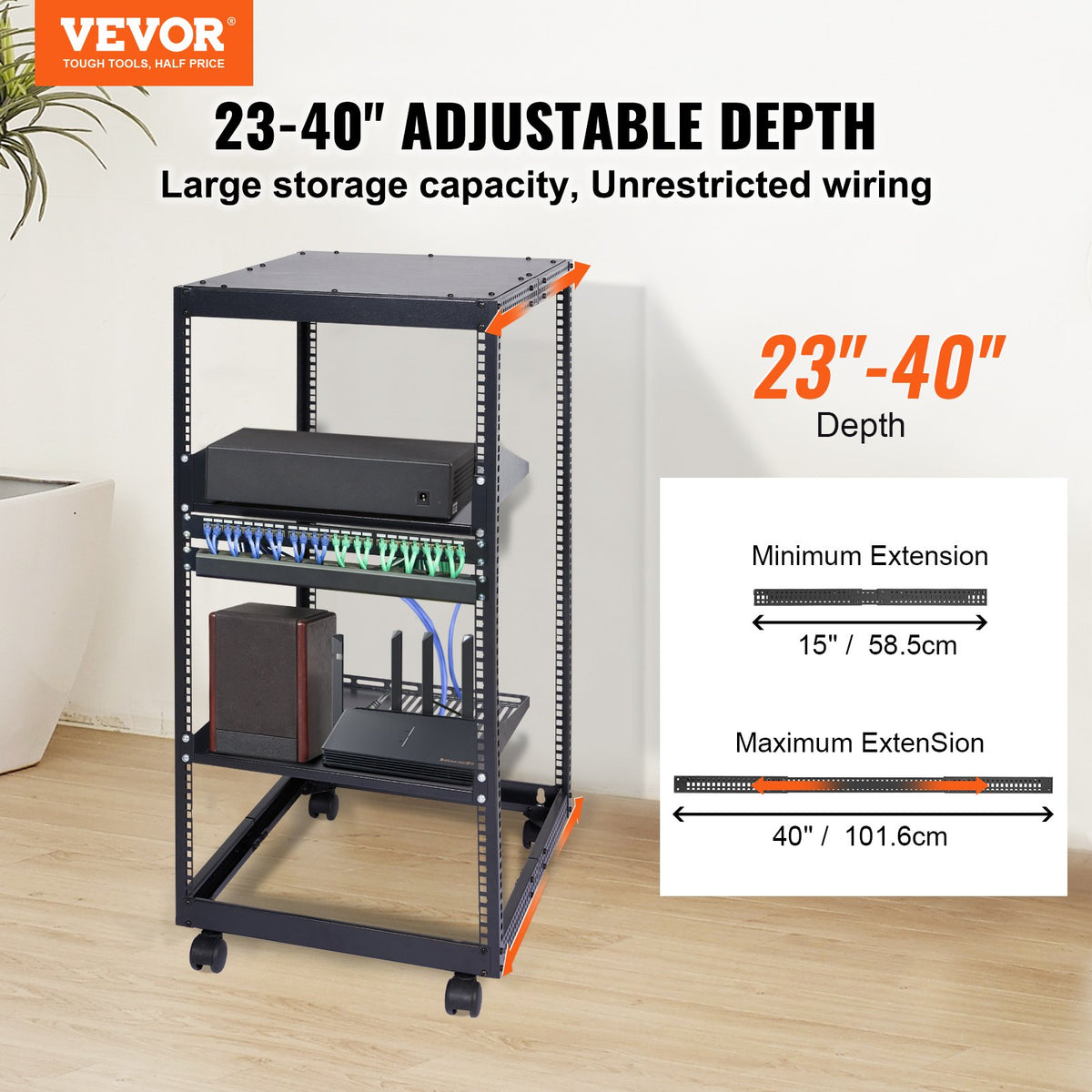 20U Open Frame Server Rack | Adjustable Depth 15"-40" | 4 Post AV Rack with Casters | Free Standing or Wall Mount for IT Equipment