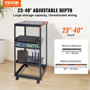 20U Open Frame Server Rack | Adjustable Depth 15"-40" | 4 Post AV Rack with Casters | Free Standing or Wall Mount for IT Equipment