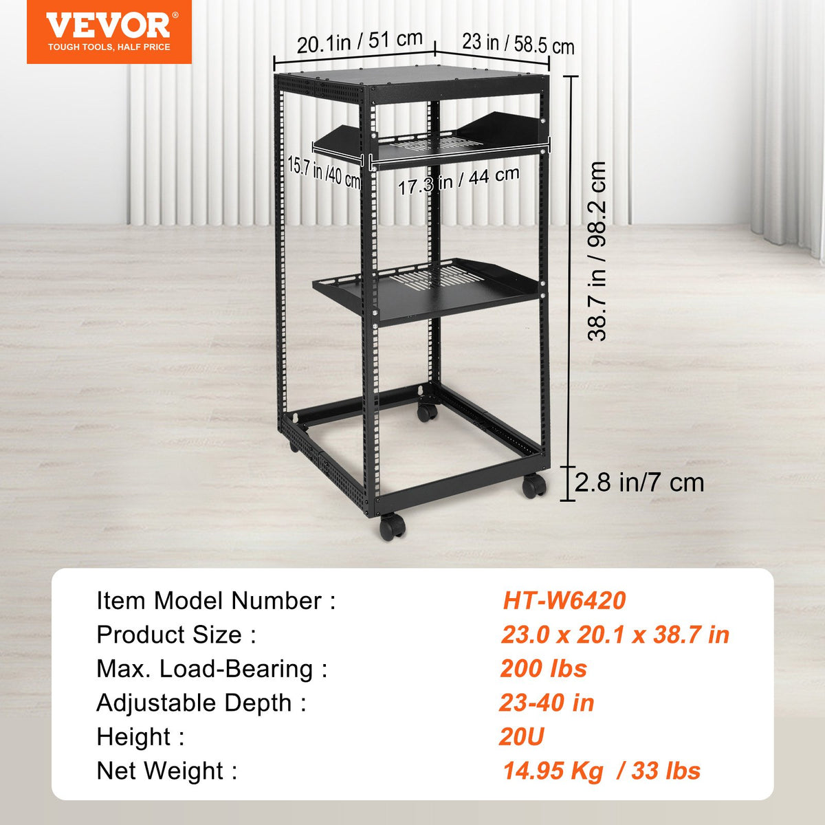 20U Open Frame Server Rack | Adjustable Depth 15"-40" | 4 Post AV Rack with Casters | Free Standing or Wall Mount for IT Equipment