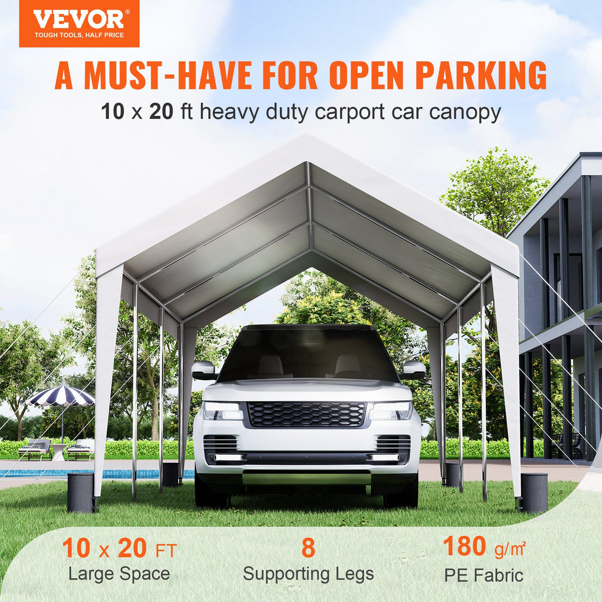 Carport Canopy Tent | 10x20 ft Garage Shelter with 8 Poles