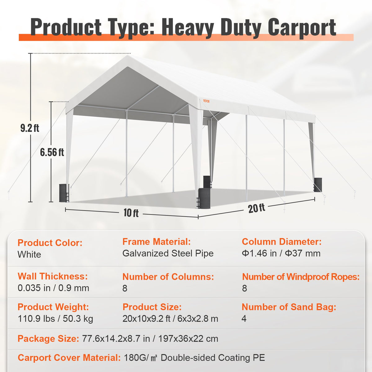 Carport Canopy Tent | 10x20 ft Garage Shelter with 8 Poles