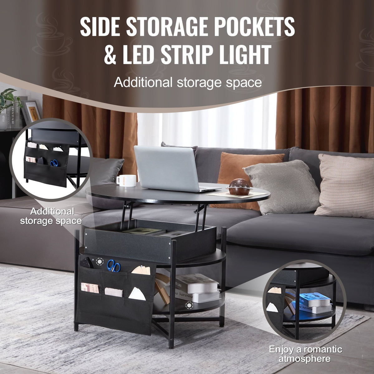 Lift-Top Coffee Table | 35.3" Round Storage Table | Black