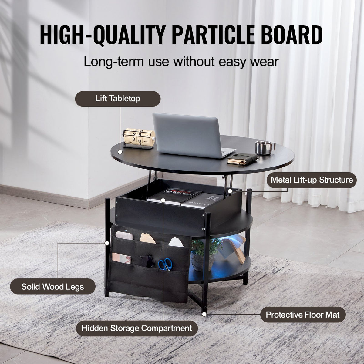 Lift-Top Coffee Table | 35.3" Round Storage Table | Black