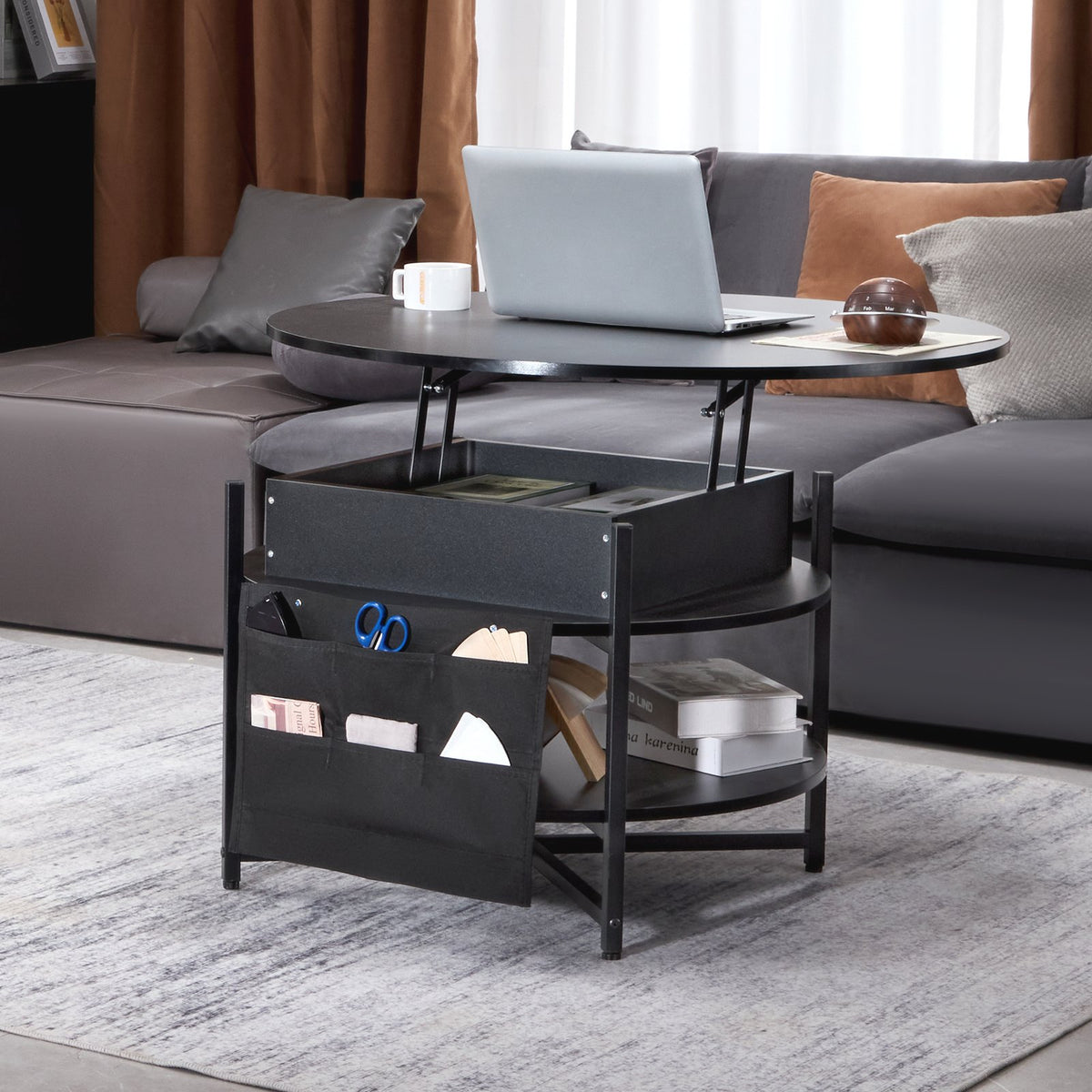 Lift-Top Coffee Table | 35.3" Round Storage Table | Black