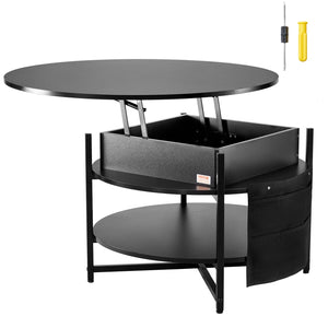 Lift-Top Coffee Table | 35.3" Round Storage Table | Black