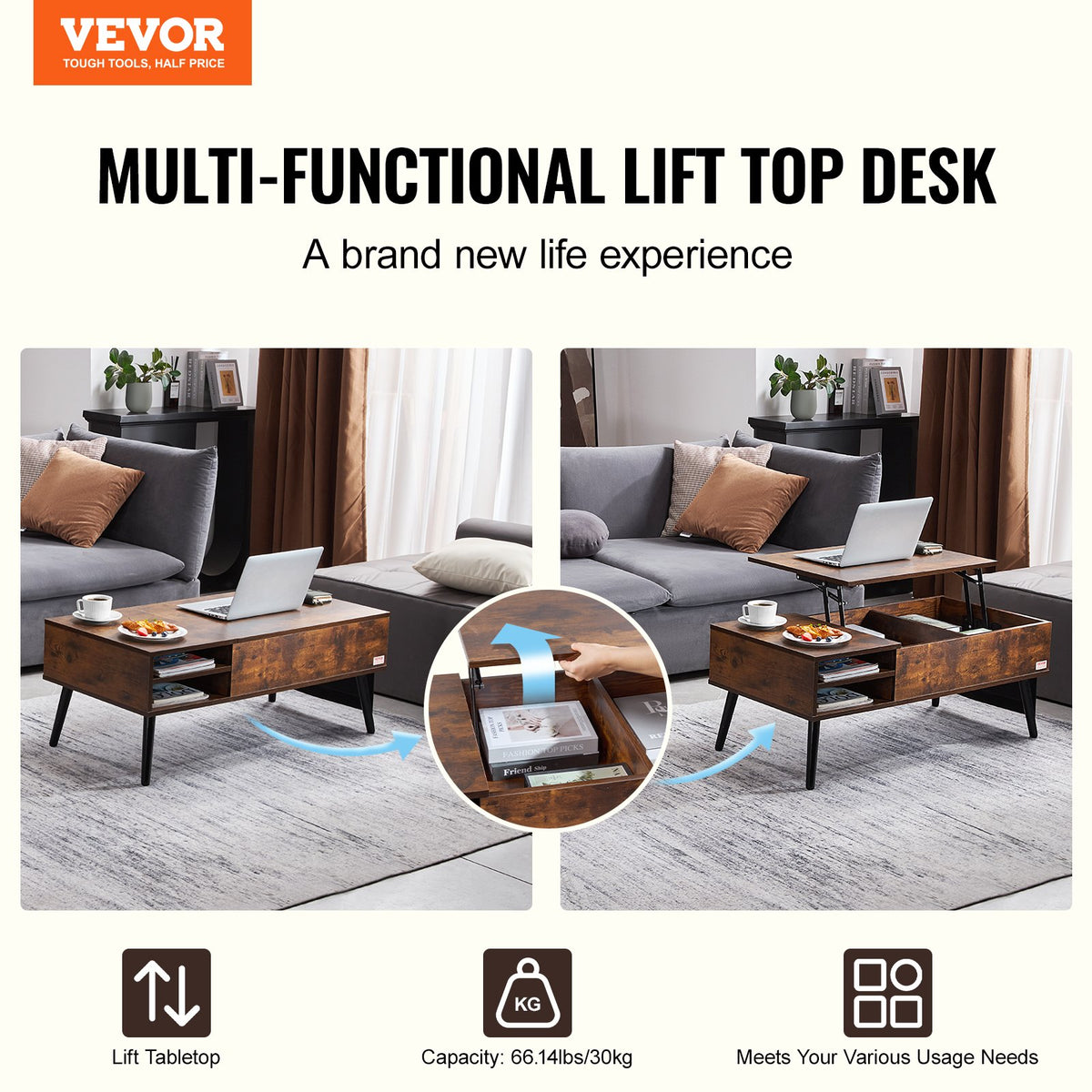 Lift-Top Coffee Table | 39.4" Rectangle Storage Table | Brown