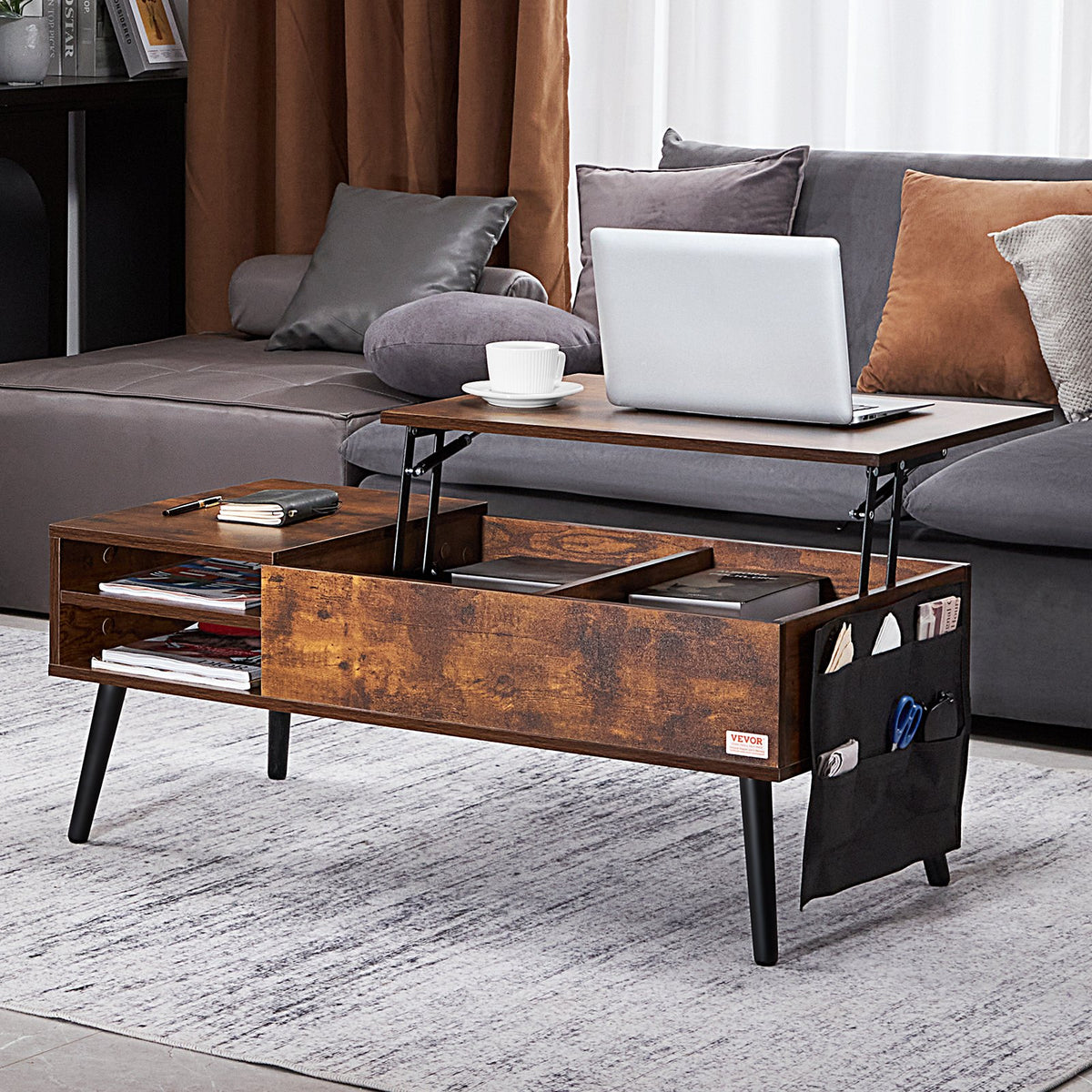 Lift-Top Coffee Table | 39.4" Rectangle Storage Table | Brown