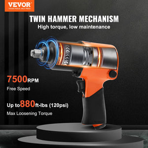 Air Impact Wrench | 1/2" Drive Pneumatic Tool | 880 ft-lb Torque | 7500 RPM Lightweight Design