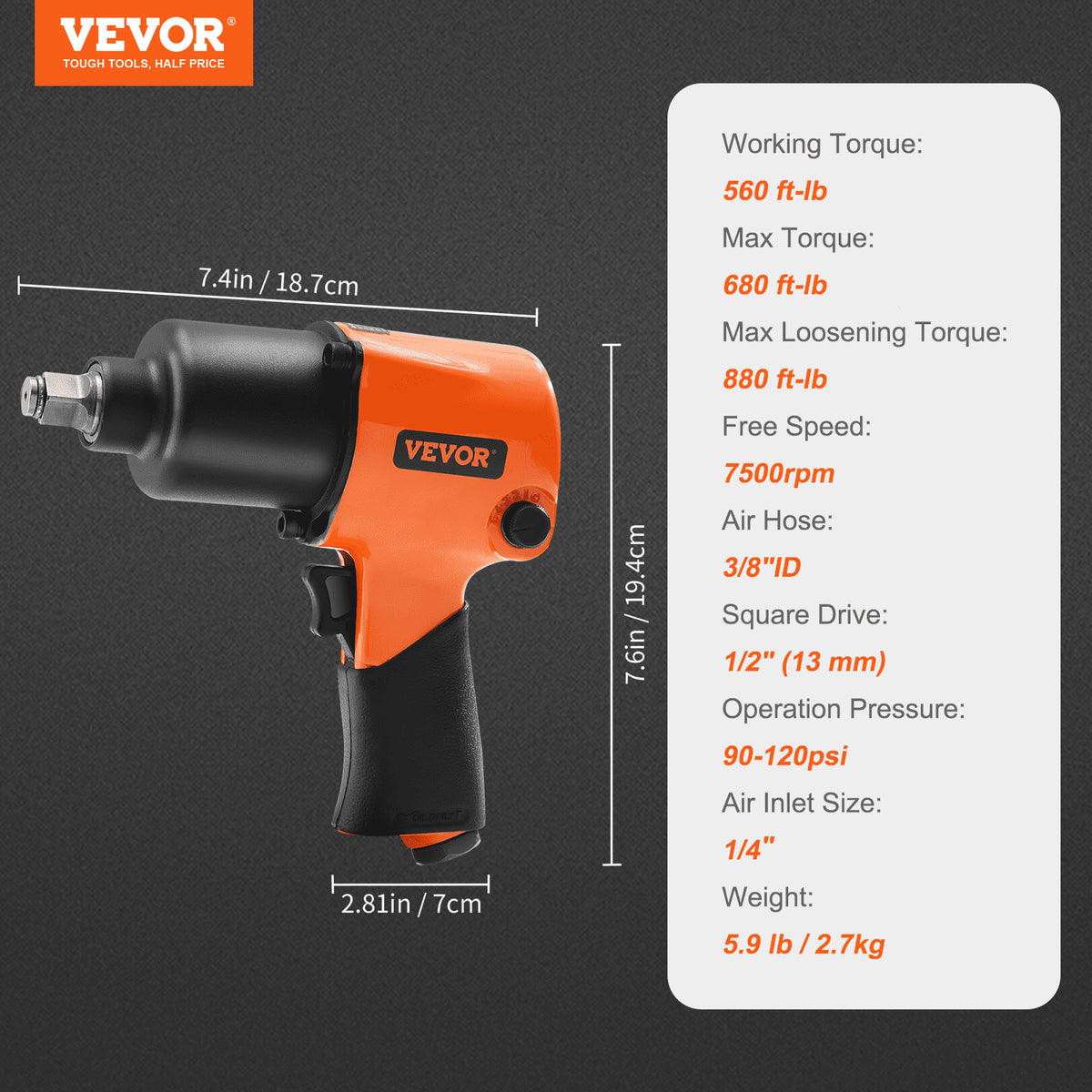 Air Impact Wrench | 1/2" Drive Pneumatic Tool | 880 ft-lb Torque | 7500 RPM Lightweight Design