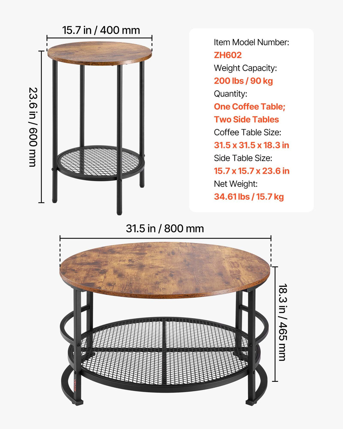 Coffee Table Set | 80cm Round Table + 2 End Tables for Living Room