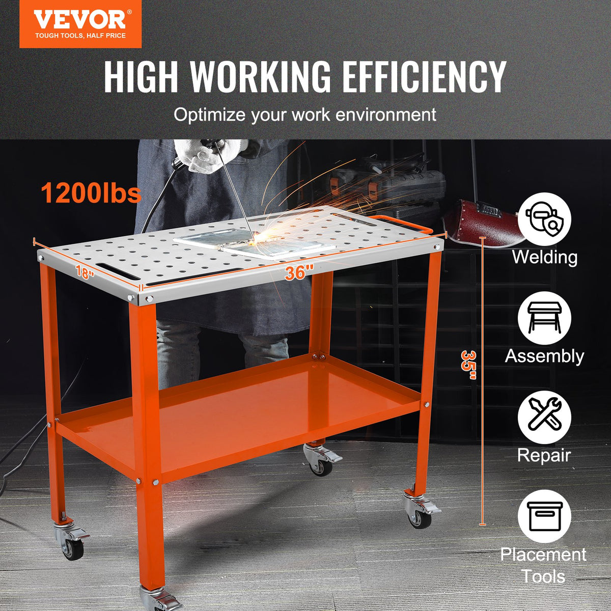 Welding Table 36"x18" | 1200lbs Load | Portable Steel Workbench with Lockable Casters, Tool Tray & Fixture Holes