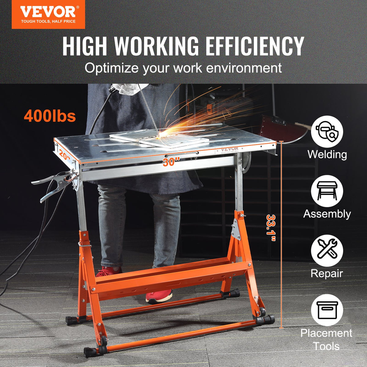 Welding Table 30"x20" | 400lbs Capacity | Adjustable Height & Tilt | Folding Steel Workbench with Guide Rails & Wheels