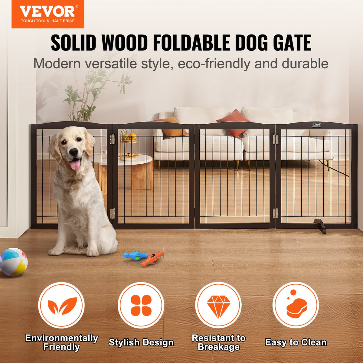 Dog Gate | 32x96.5" Freestanding Foldable Wooden Pet Gate | Brown