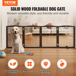 Dog Gate | 32x96.5" Freestanding Foldable Wooden Pet Gate | Brown