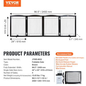Dog Gate | 32x96.5" Freestanding Foldable Wooden Pet Gate | Brown
