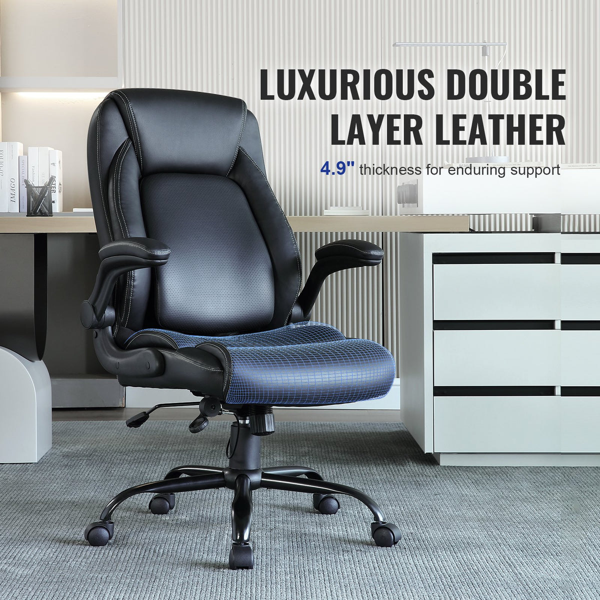 Executive Office Chair | High Back PU Leather with Adjustable Lumbar & Flip-Up Arms
