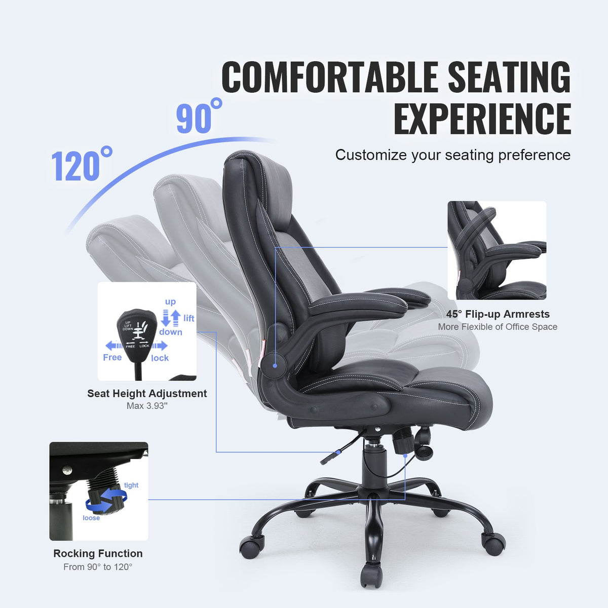 Executive Office Chair | High Back PU Leather with Adjustable Lumbar & Flip-Up Arms