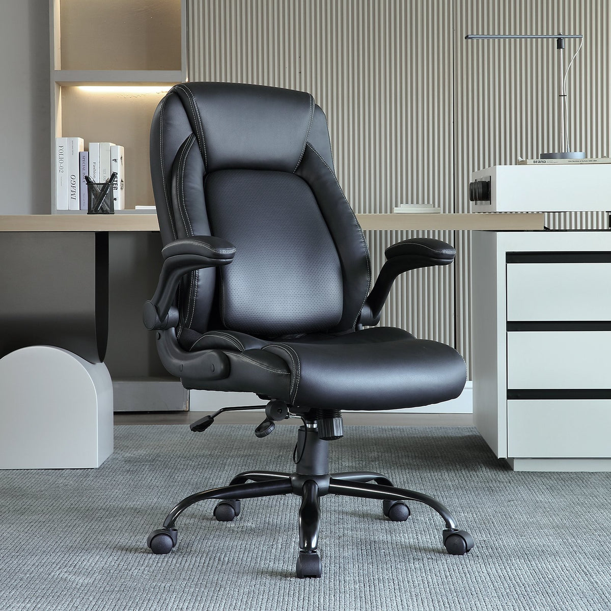 Executive Office Chair | High Back PU Leather with Adjustable Lumbar & Flip-Up Arms