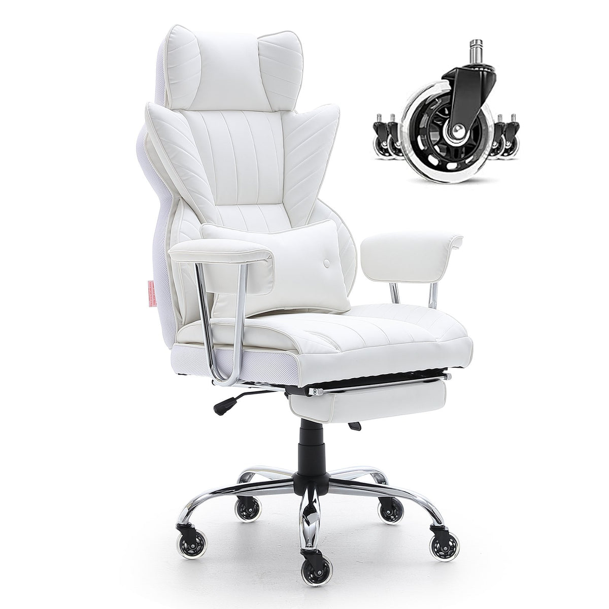 Reclining Office Chair | Big & Tall PU Leather Chair with Footrest | Lumbar Support White Executive Seat