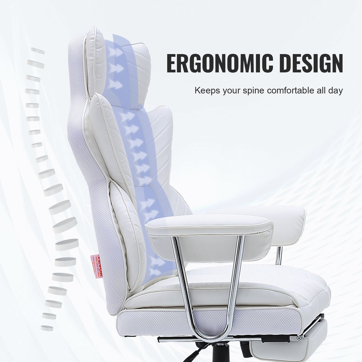 Reclining Office Chair | Big & Tall PU Leather Chair with Footrest | Lumbar Support White Executive Seat