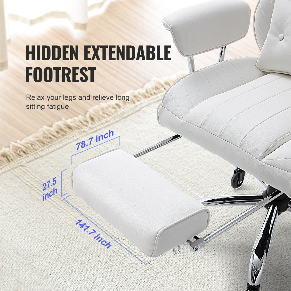 Reclining Office Chair | Big & Tall PU Leather Chair with Footrest | Lumbar Support White Executive Seat
