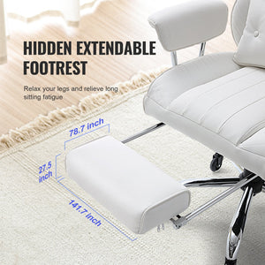 Reclining Office Chair | Big & Tall PU Leather Chair with Footrest | Lumbar Support White Executive Seat