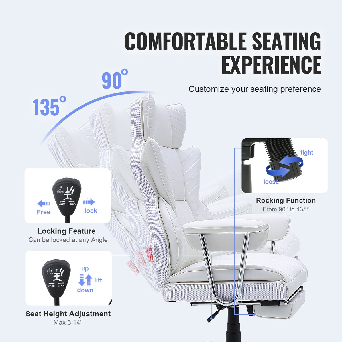 Reclining Office Chair | Big & Tall PU Leather Chair with Footrest | Lumbar Support White Executive Seat