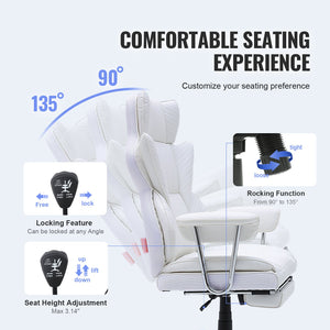 Reclining Office Chair | Big & Tall PU Leather Chair with Footrest | Lumbar Support White Executive Seat