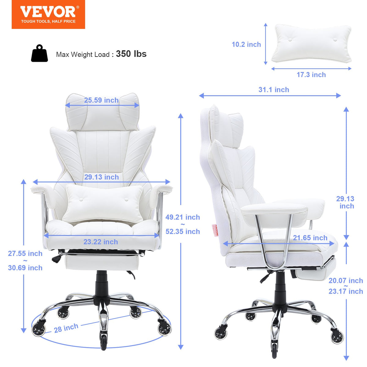 Reclining Office Chair | Big & Tall PU Leather Chair with Footrest | Lumbar Support White Executive Seat
